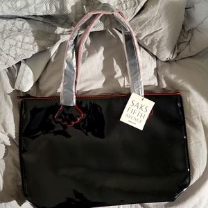 Saks 5th Avenue black patent leather tote